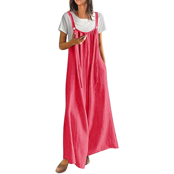 Breezora Women's Boho Floral Wide Leg Jumpsuit Casual Pleated Overalls with Pockets Summer Comfort Romper XXXL Size Hot Pink