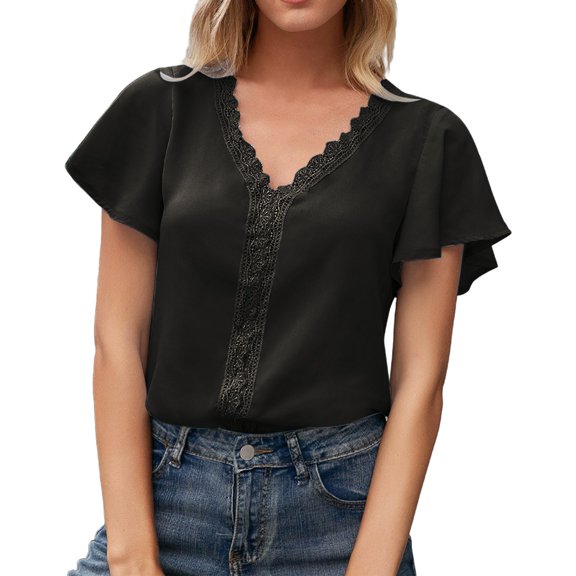 Breezora Women's Breathable Summer Tops V Neck Loose Fit Casual Tee with Delicate Hollow Out Design Simple Elegant Style M Size Black