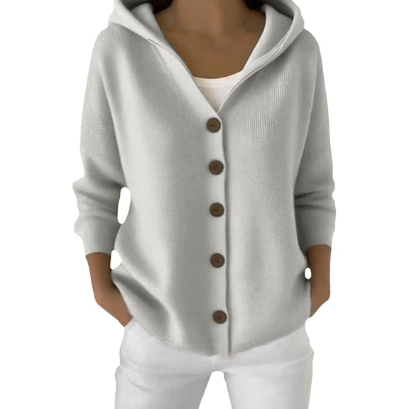 Breezora Women's Button Front Hooded Knit Cardigan Long Sleeve Comfortable Open Front Jacket XL Size Light Ashy