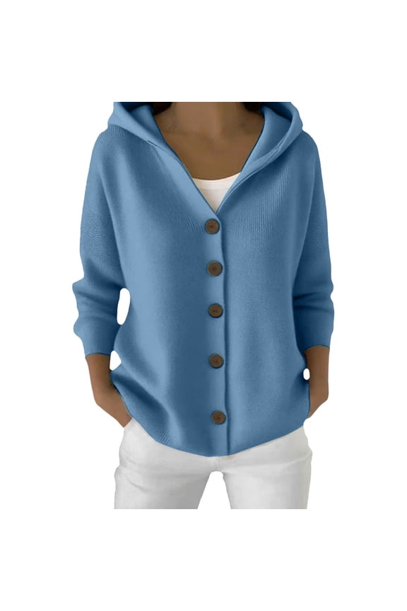 Women's Button Front Hooded Knit Cardigan Long Sleeve Comfortable Open Front Jacket XXXL Size Blue