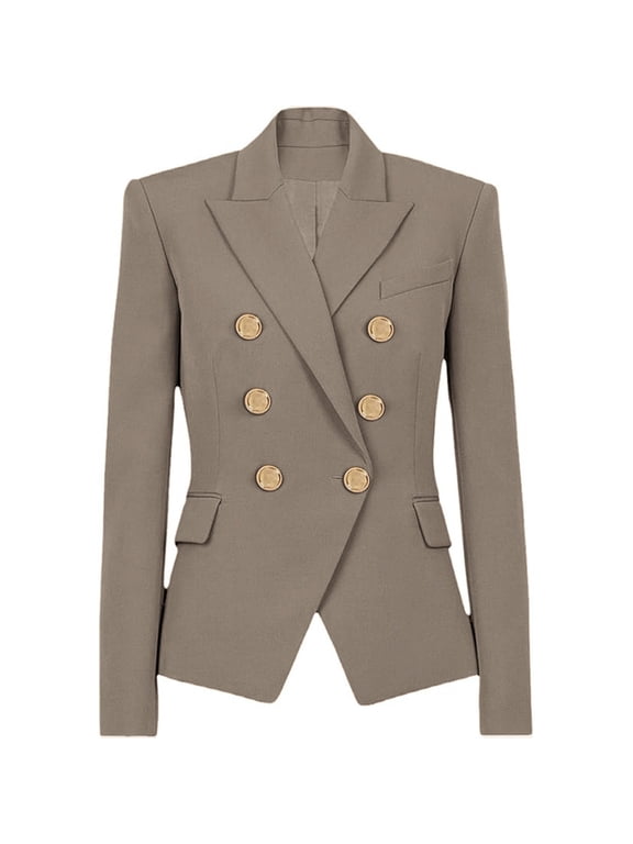 Women's Casual Button Down Blazer Jacket Lightweight Spring Autumn Short Coat Lounge Suit L Size Khaki