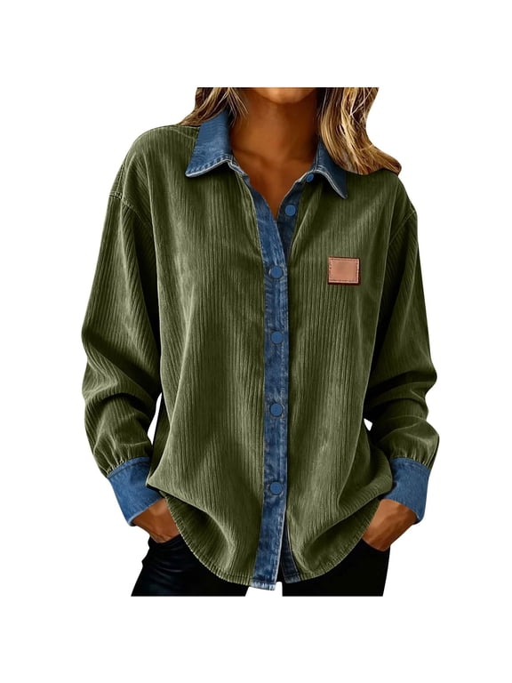 Women's Casual Corduroy Jacket with Denim Patchwork Button Down Design Long Sleeve Turndown Collar Distressed Look for Vintage Inspired Style XXL Size Green