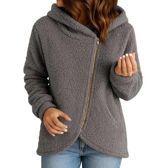 Breezora Women's Casual Hooded Zip Up Jacket Lightweight Faux Sherpa Fall Spring Thin Coat L Size Grey