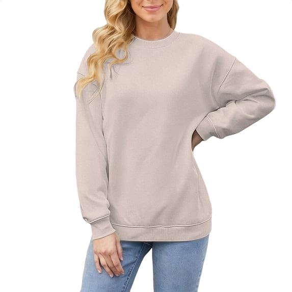 Breezora Women’s Casual Long Sleeve Crew Neck Sweatshirt Lightweight Loose Fit Everyday Top for Fall Street Style Cozy Loungewear L Size Beige