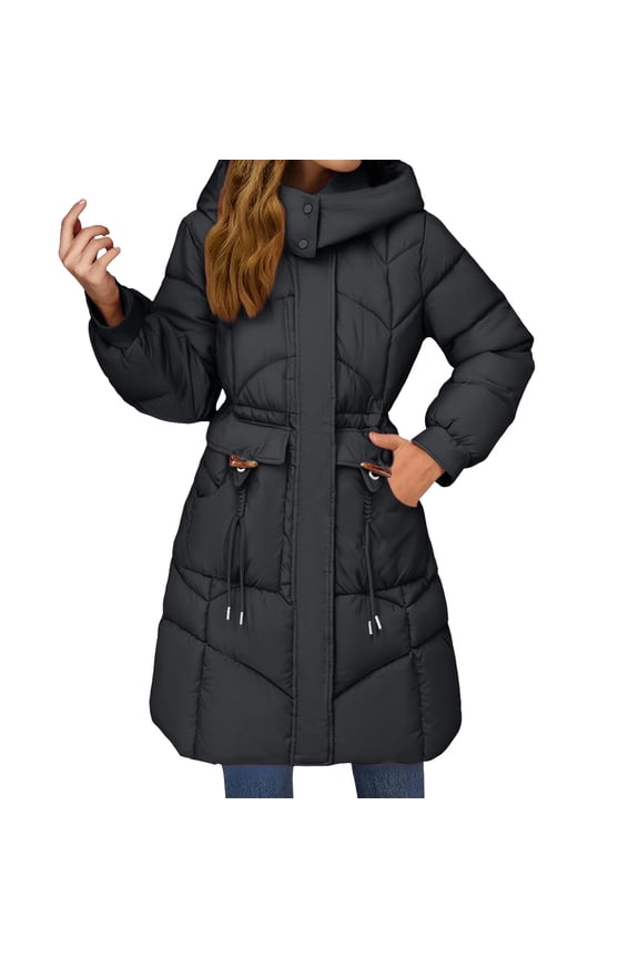 Women's Casual Longline Padded Coat Mid Waist Thick Thermal Cotton Blend European Style Winter Jacket L Size Black
