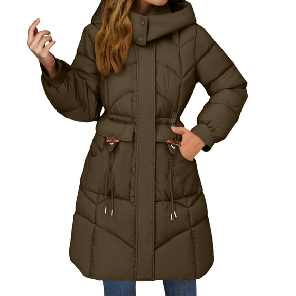 Breezora Women's Casual Longline Padded Coat Mid Waist Thick Thermal Cotton Blend European Style Winter Jacket L Size Coffee
