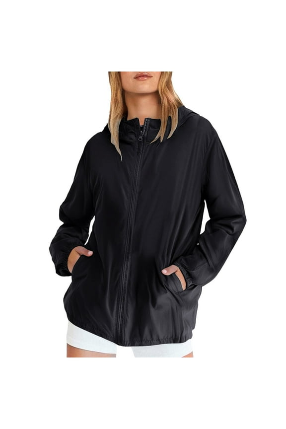 Women's Casual Windbreaker Jacket with Zipper Pockets Lightweight Windproof Outerwear for Walking L Size Black