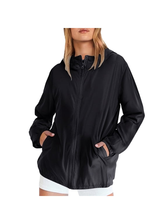 Women's Casual Windbreaker Jacket with Zipper Pockets Lightweight Windproof Outerwear for Walking L Size Black