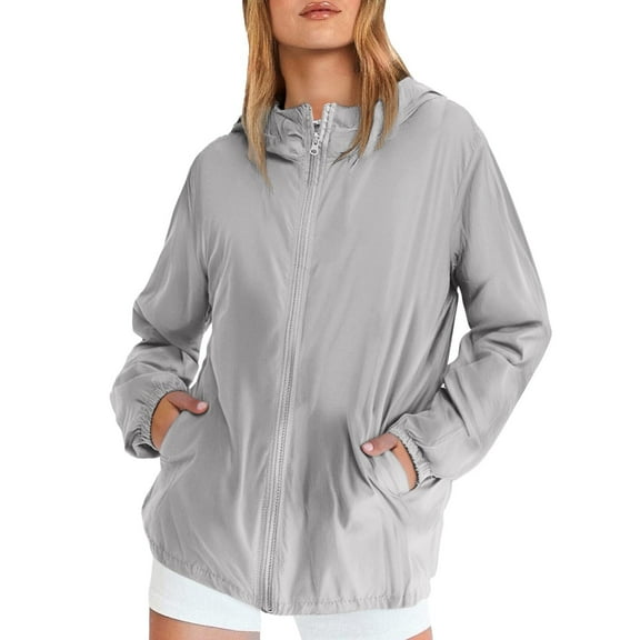Breezora Women's Casual Windbreaker Jacket with Zipper Pockets Lightweight Windproof Outerwear for Walking XL Size Grey