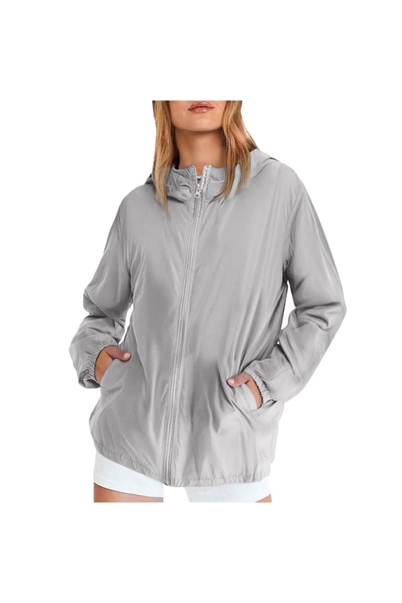 Women's Casual Windbreaker Jacket with Zipper Pockets Lightweight Windproof Outerwear for Walking XL Size Grey