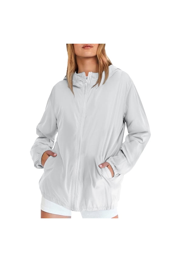Women's Casual Windbreaker Jacket with Zipper Pockets Lightweight Windproof Outerwear for Walking XXL Size White