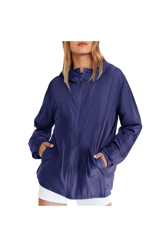Women's Casual Windbreaker Jacket with Zipper Pockets Lightweight Windproof Outerwear for Walking XXXL Size Navy