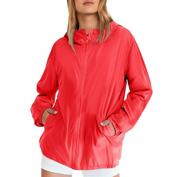 Breezora Women's Casual Windbreaker Jacket with Zipper Pockets Lightweight Windproof Outerwear for Walking XXXXL Size Red
