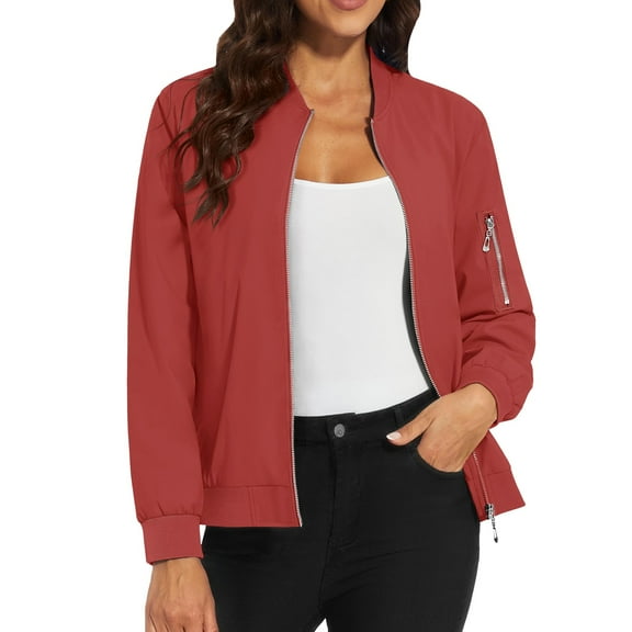 Breezora Women's Casual Zip Up Windbreaker Jacket With Pockets Lightweight Comfortable Outerwear Coat L Size Brick Red
