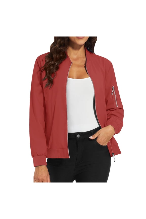 Women's Casual Zip Up Windbreaker Jacket With Pockets Lightweight Comfortable Outerwear Coat L Size Brick Red