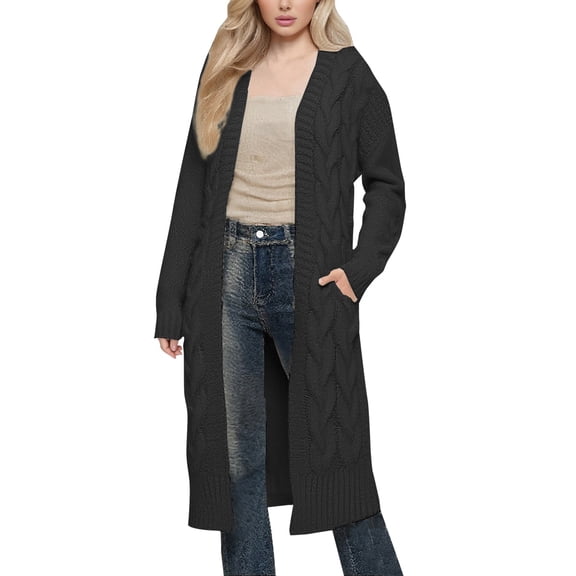 Breezora Women's Chunky Knit Cardigan Sweater Coat with Double Pockets Long Loose Fit Open Front XXL Size Black