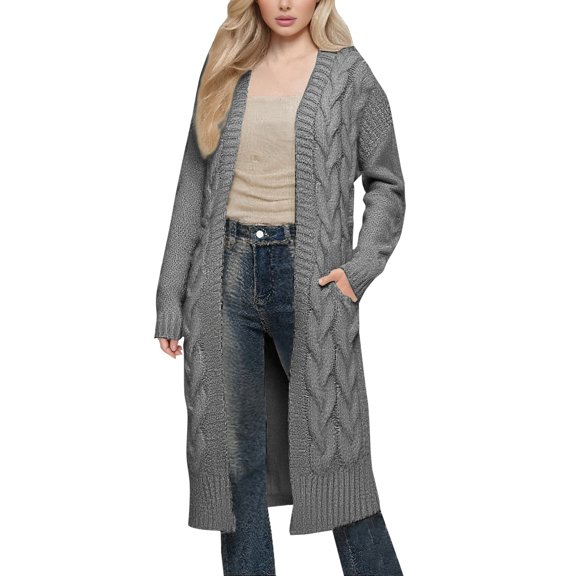 Breezora Women's Chunky Knit Cardigan Sweater Coat with Double Pockets Long Loose Fit Open Front XXL Size Dark Gray