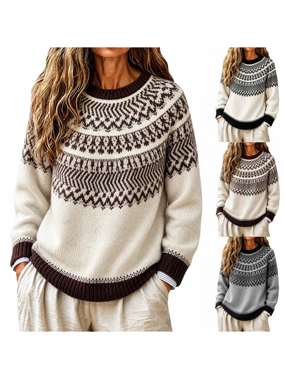 Women's Classic Relaxed Fit Geometric Pattern Long Sleeve Knit Neck Pullover Sweater Cozy Casual Winter Essential Top