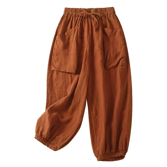 Breezora Women's Comfortable Linen Blend Wide Leg Harem Pants with Pockets Relaxed Fit Boho Style Cropped Trousers M Size Orange