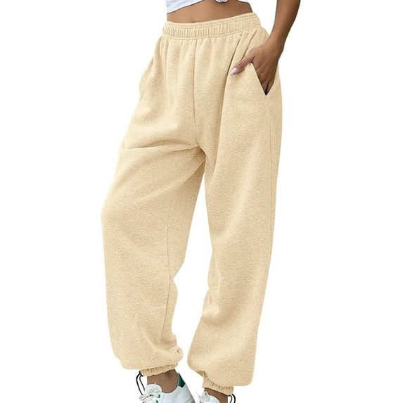 Breezora Women's Comfortable Wide Leg Lounge Pants with Adjustable Drawstring Waist and Functional Side Pockets for Everyday Wear L Size Beige