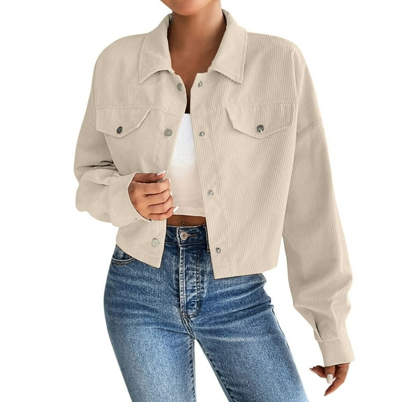 Breezora Women's Corduroy Cropped Shacket Button Down Plaid Long Sleeve Casual Style Modern Tops M Size Beige