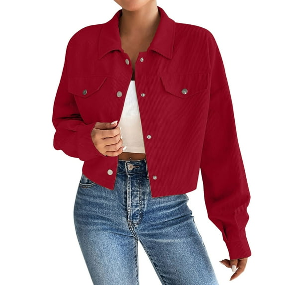 Breezora Women's Corduroy Cropped Shacket Button Down Plaid Long Sleeve Casual Style Modern Tops M Size Red