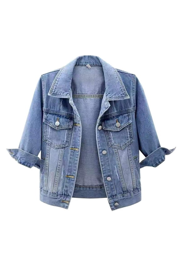 Women's Cropped Denim Jacket 3/4 Sleeve Light Wash Stretch Comfort Fit Styling with Pockets XXXL Size Blue