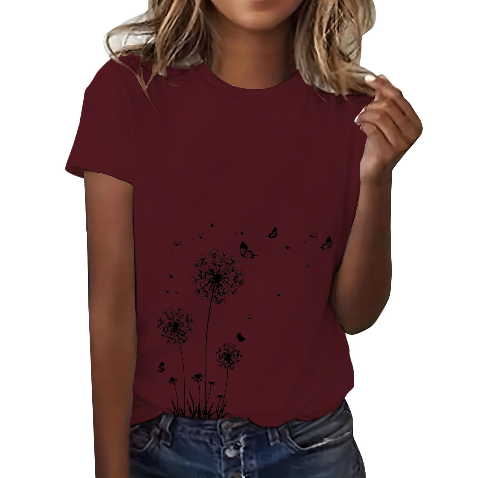 Anbech Women's Dandelion Print T-Shirt - Short Sleeve Casual Graphic Tee (Pink, Size L)