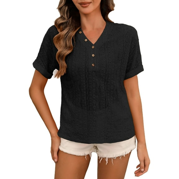 Breezora Women's Decorative V Neck T Shirt with Unique Cutout Details and Hook Eye Design Casual Short Sleeve Summer Top L Size Black