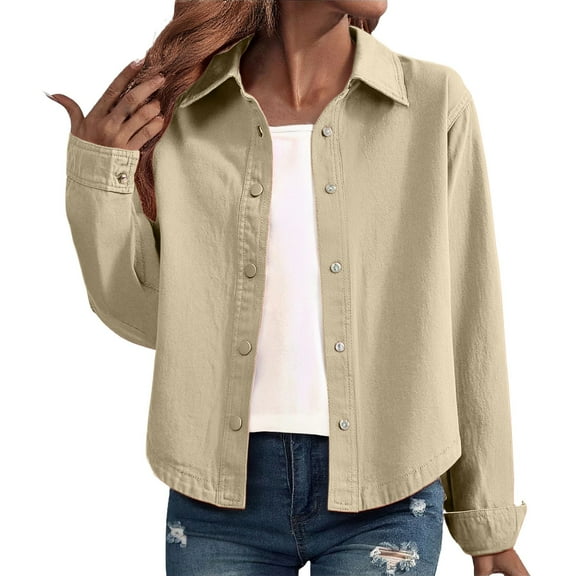 Breezora Women's Denim Shirt Jacket Loose Fit Long Sleeve Casual Top for Autumn Layering L Size Beige