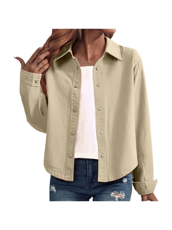Women's Denim Shirt Jacket Loose Fit Long Sleeve Casual Top for Autumn Layering L Size Beige