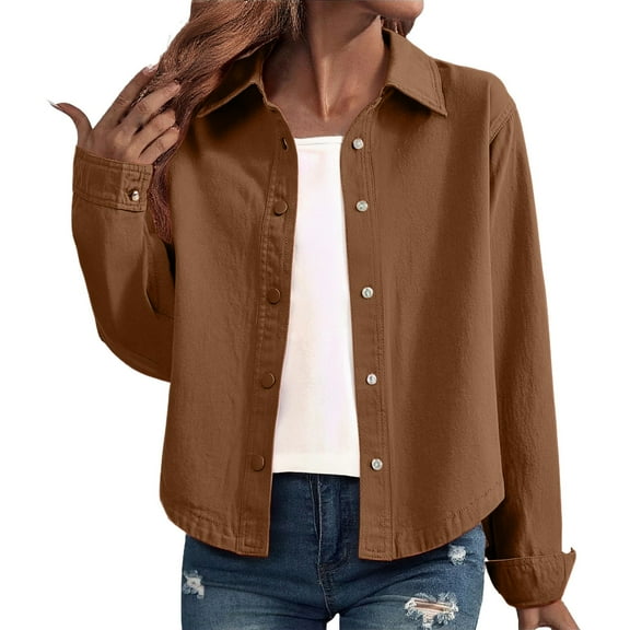Breezora Women's Denim Shirt Jacket Loose Fit Long Sleeve Casual Top for Autumn Layering M Size Khaki