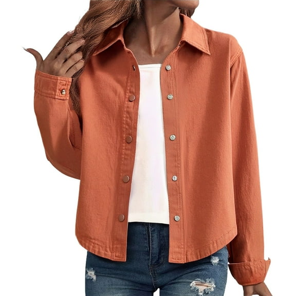 Breezora Women's Denim Shirt Jacket Loose Fit Long Sleeve Casual Top for Autumn Layering XXL Size Orange