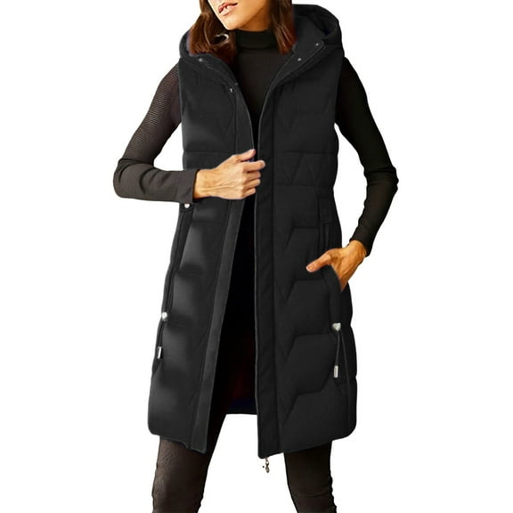 Breezora Women's Detachable Hood Mid Length Quilted Vest Warm Stylish Winter Padded Sleeveless Coat M Size Black