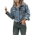 thumbnail image 1 of Breezora Women's Distressed Denim Jacket with Beaded Details Short Casual Top for Everyday Wear XXXXL Size Blue, 1 of 8