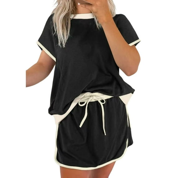 Breezora Women's Drop Shoulder T-Shirt and Skort Set Sporty Summer Two Piece Outfit Casual Comfortable Streetwear for Ladies L Size Black