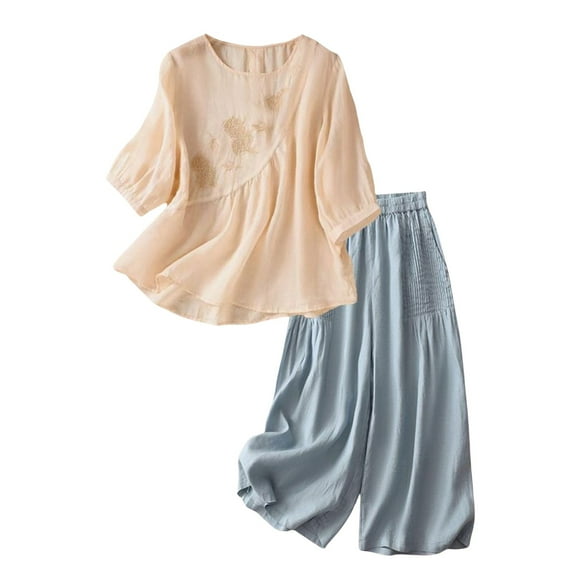 Breezora Women's Embroidered Linen Shirt and Wide Leg Pants Set Breathable Cotton Two Piece Outfit for Summer Casual Wear M Size Beige