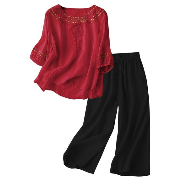 Breezora Women's Embroidered Linen Top and Wide Leg Pants Set Casual Comfortable Two Piece Outfit for Daily Wear L Size Red