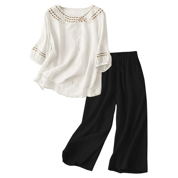 Breezora Women's Embroidered Linen Top and Wide Leg Pants Set Casual Comfortable Two Piece Outfit for Daily Wear L Size White