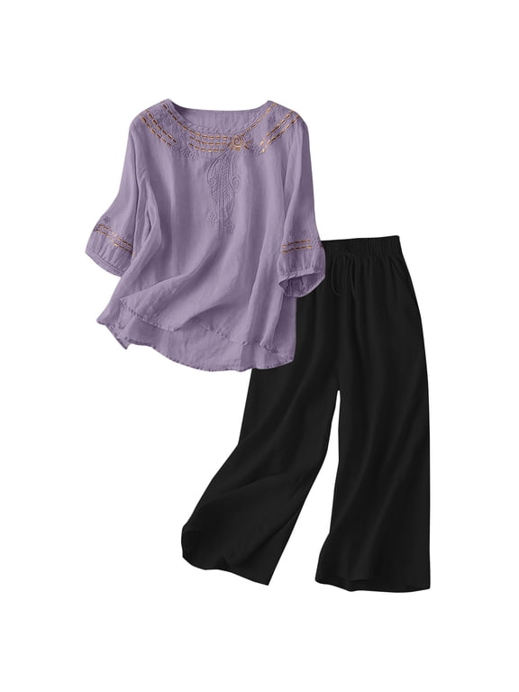 Women's Embroidered Linen Top and Wide Leg Pants Set Casual Comfortable Two Piece Outfit for Daily Wear XL Size Light Violet