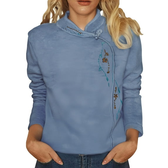 Breezora Women's Embroidered Thermal Long Sleeve Shirt Lined Winter Base Layer Top L Size Blue