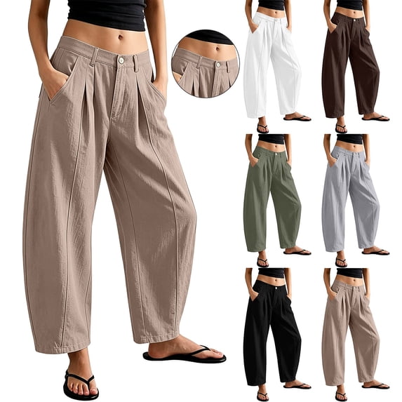 Breezora Women's Fashionable Casual Bucket Pants Cotton Linen Wide Leg Loose Fit Summer Breathable With Pockets