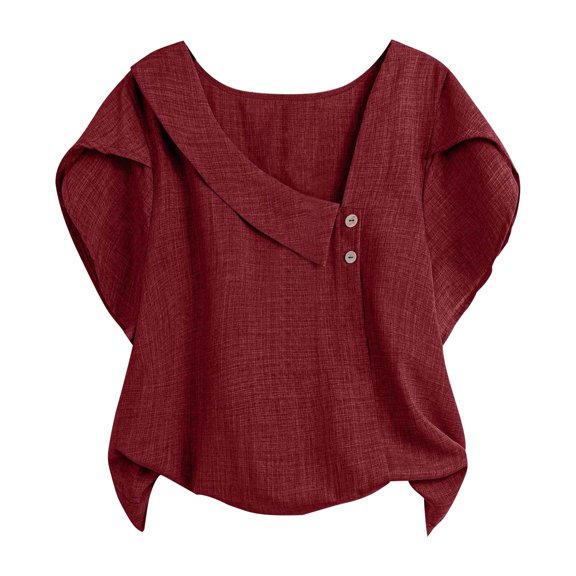 Breezora Women's Flowy Petal Sleeve Blouse With Unique Asymmetric V Neck Collared Casual Button Down Top Plus Size Friendly Summer Style XXL Size Wine