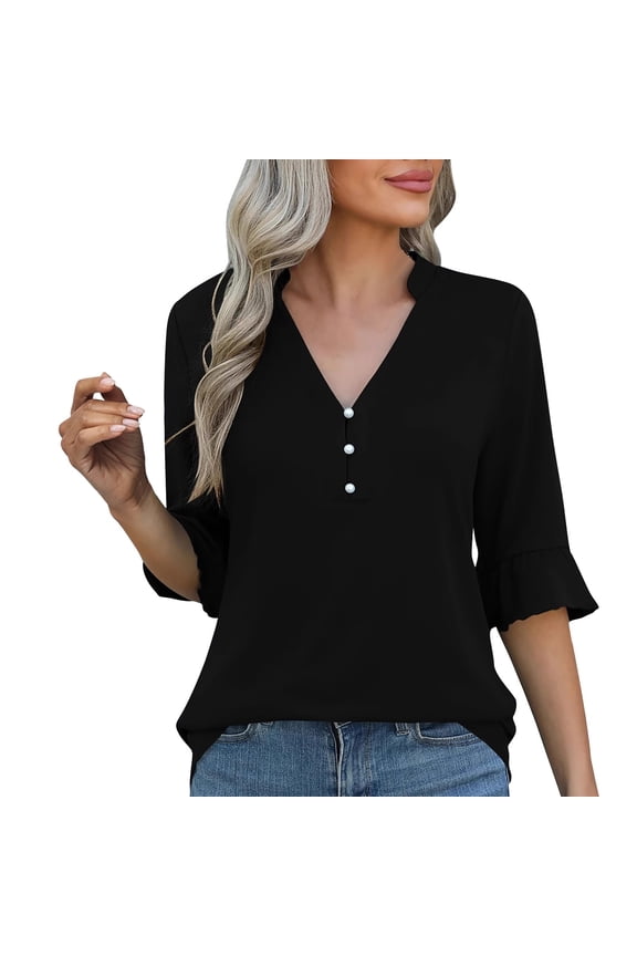 Women's Flutter Sleeve V Neck Mid Sleeve Top Solid Color Casual Tee Shirt Modern Feminine Daily Blouse XXL Size Black