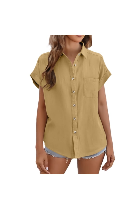 Women's French Style Rolled Edge Shirt Summer Cotton Linen Loose Blouse XXXL Size Yellow