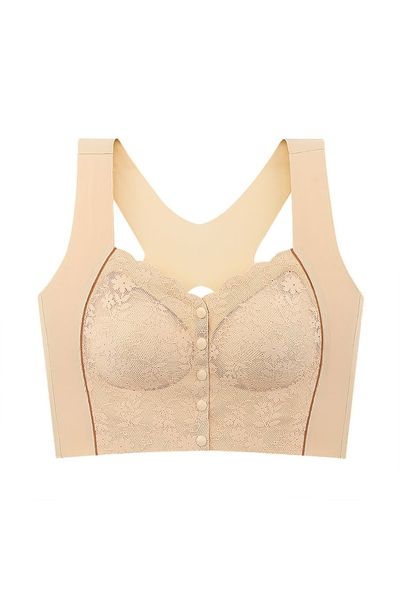 Women's Front Closure Lace Trim Wireless Bra Extended Band Support Seamless Comfort Full Coverage T Shirt Closure Beige