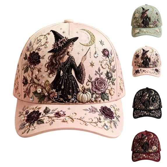 Breezora Women's Gothic Witch Baseball Cap with 3D Moon Rose Pumpkin Print Adjustable Trucker Dad Hat for Halloween Theme Costumes