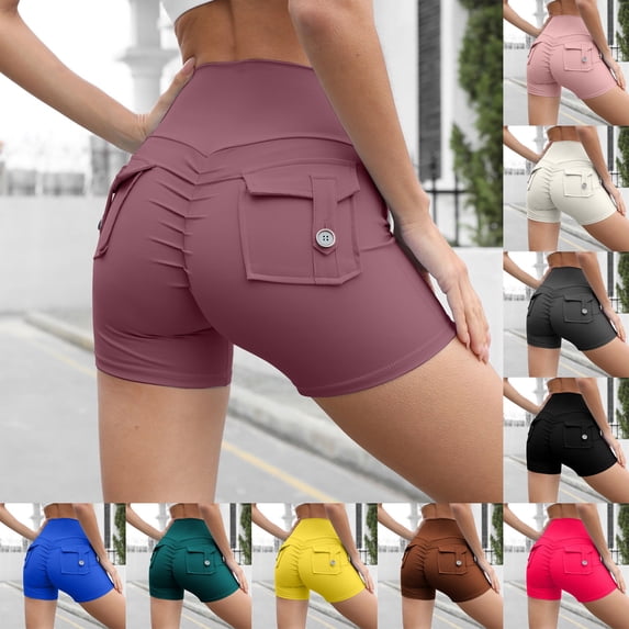 Breezora Women's High Waist Button Detail Yoga Shorts Scrunch Lifting Workout Running Quick Dry Gym Bottoms