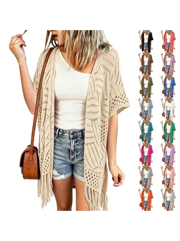 Women's Hollow Out Knit Cardigan Short Sleeve Fringe Tassel Lightweight Cover Up Shawl Wrap for Summer