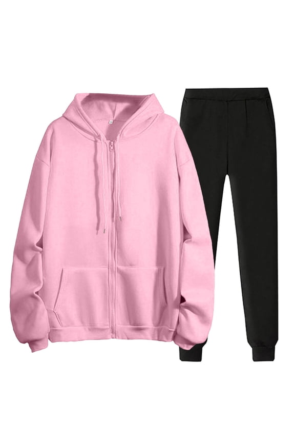 Women's Hooded Zipper Sweatshirt and Pants Set Casual Comfortable Lounge Wear Two Piece Outfit Street Style Attire L Size Pink